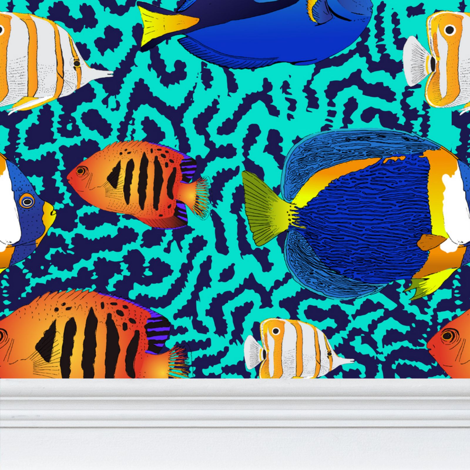 Fish Pattern Effect Wall Paper Tropical Aquarium Fish Patterned Wallpaper