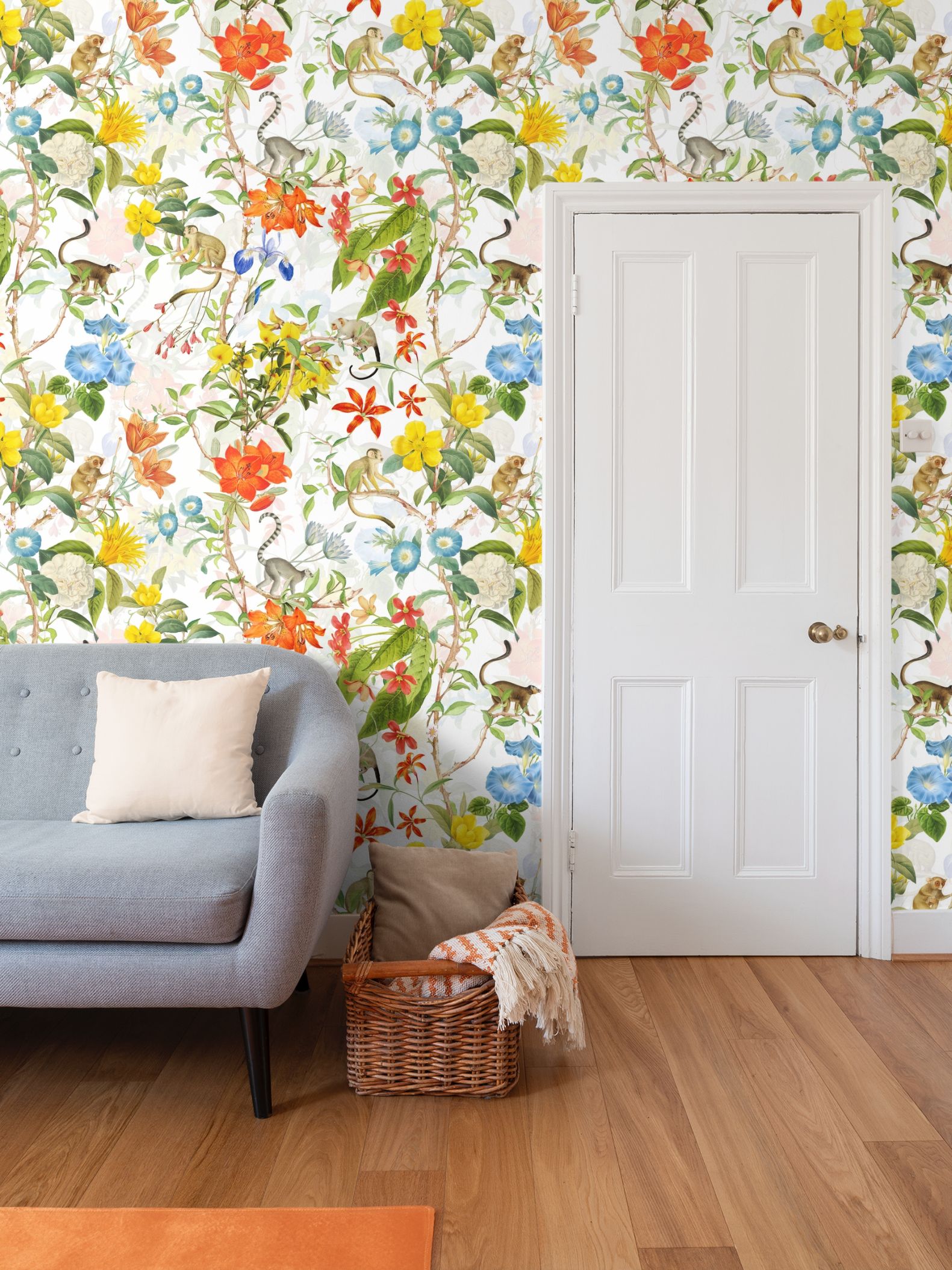 Cute Botanial Tropical Monkey Chinoiserie Wallpaper