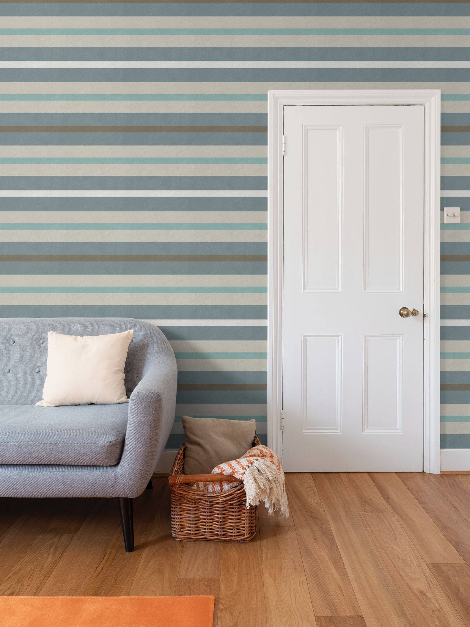 Neutral stripes with linen texture wallpaper in Beige Duck Egg Olive