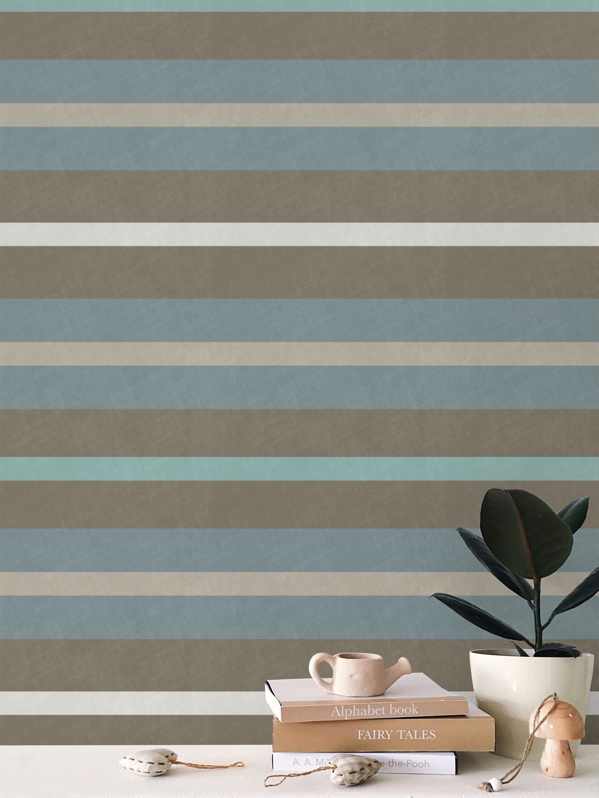 Neutral stripes with linen texture wallpaper in teal olive aqua beige