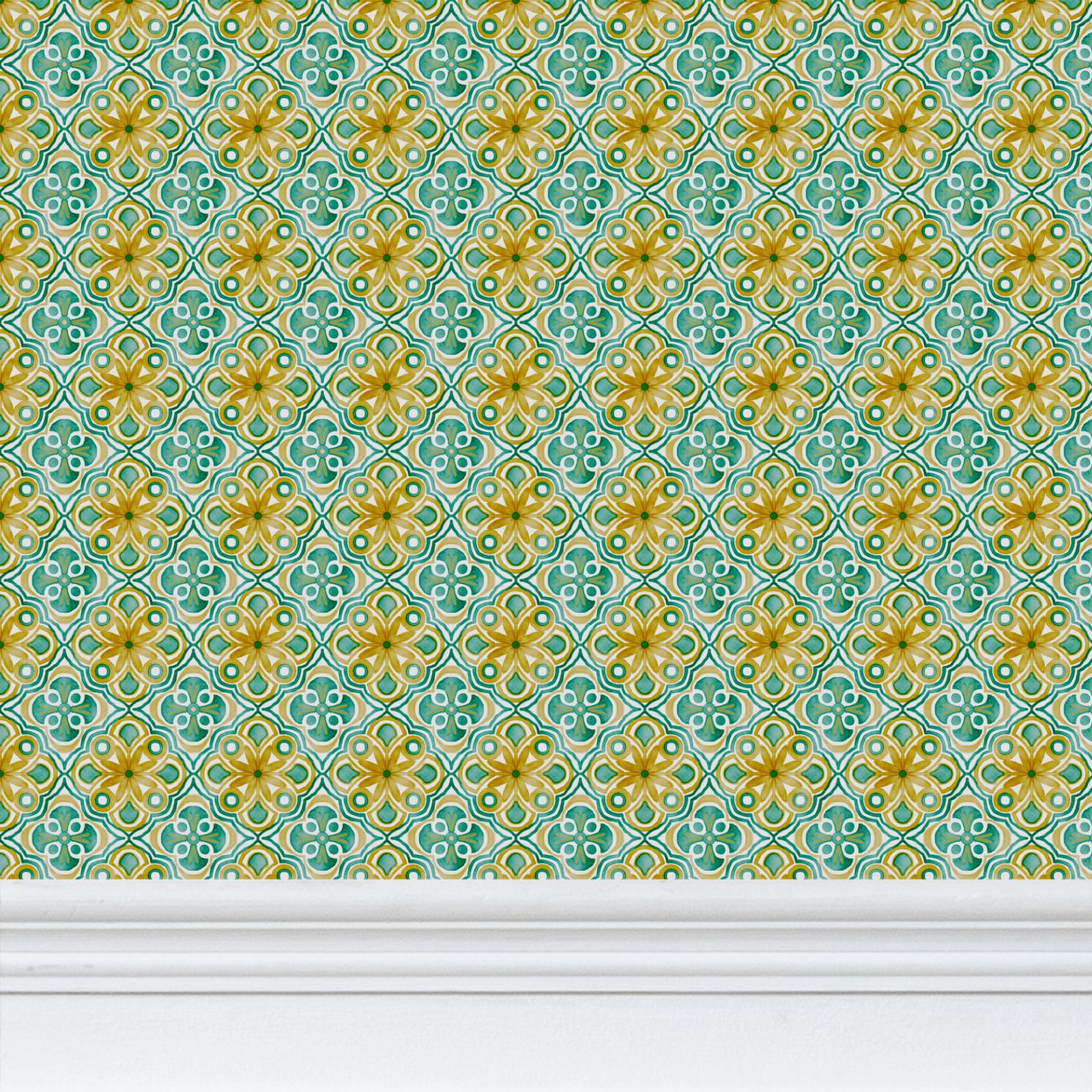 Green and yellow watercolour tile Pattern Wallpaper