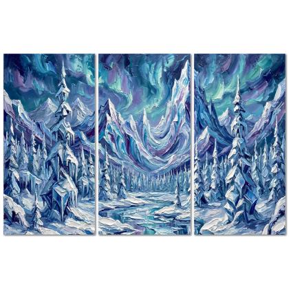 Aurora Borealis Winter Triptych | Fantasy Snow Mountain Art