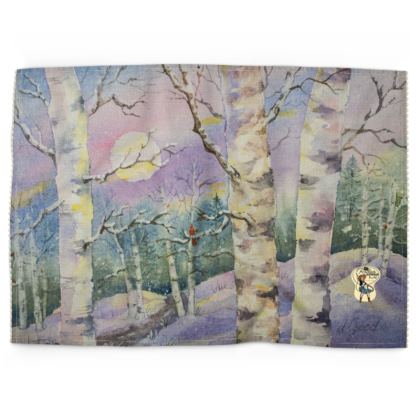 Holiday Kitchen Tea Towels · Winter Moon Over Red Bird in Aspen Forest