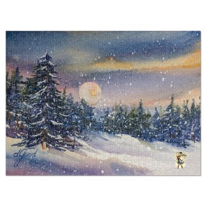 Holiday Jigsaw Puzzle · Winter Moon in Pine Valley