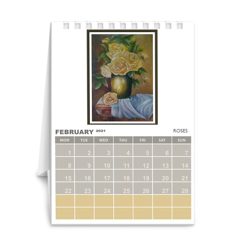 A6 Desk Calendar, Floral art prints of original Adri Barnard paintings,SA  artist.