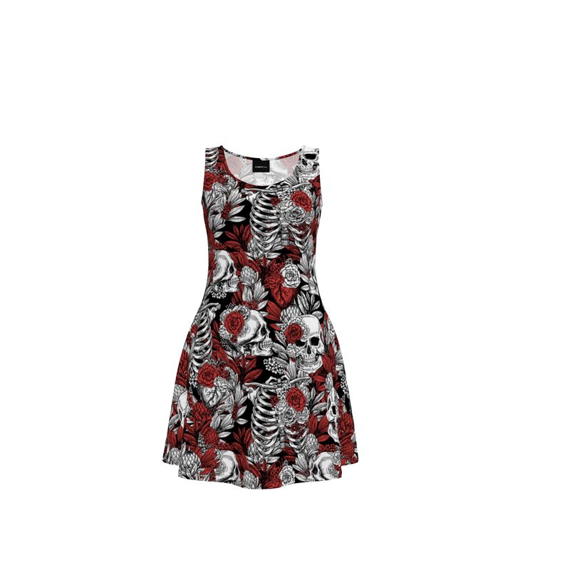 Skulls and Flowers Black White Red Skater Dress Skulls and Flowers Black White Red Skater Dress