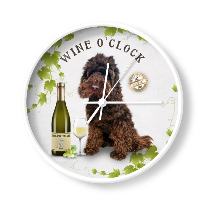 Chocolate COCKAPOO clock white frame