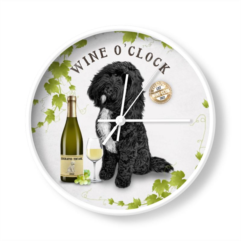 Black tuxedo COCKAPOO clock white frame