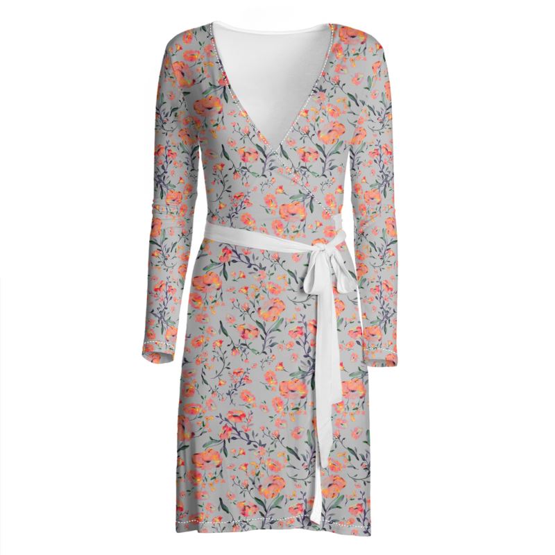 Wrap Dress - Orange flowers on gray