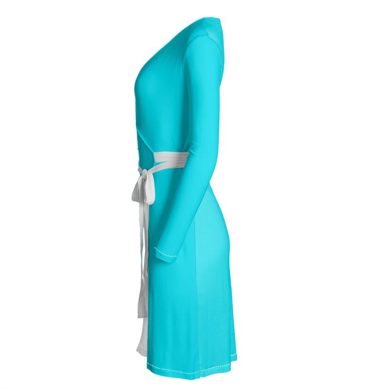 Elegant Long Sleeve Midi Wrap Dress Aqua