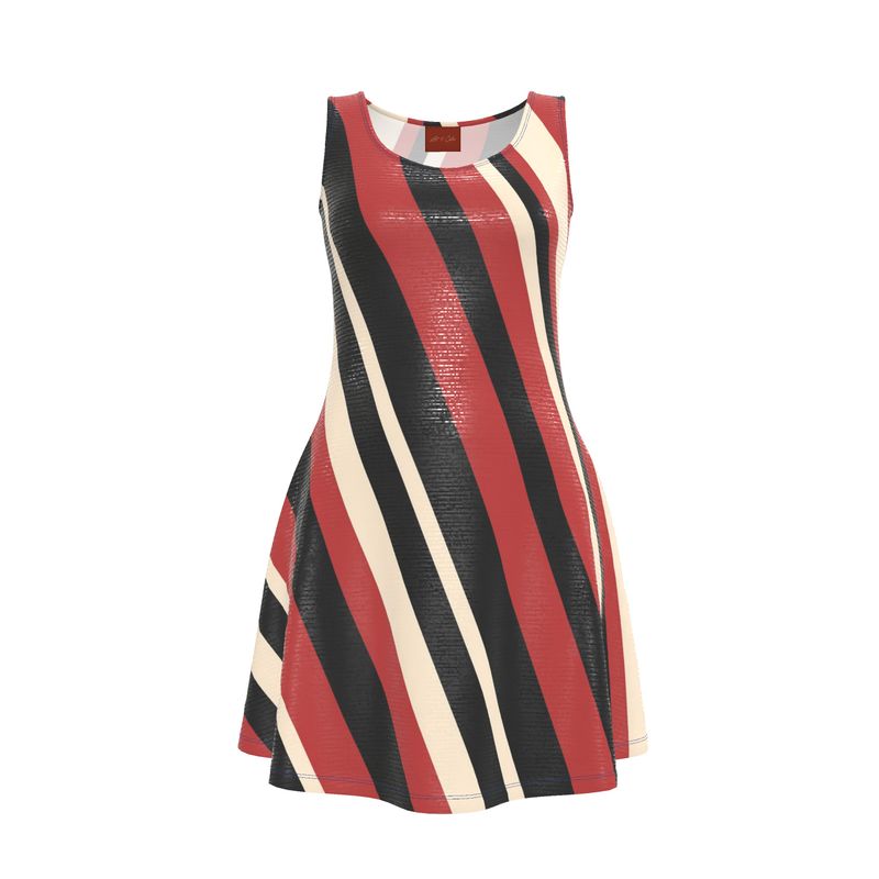 Color Stripes Skater Dress Red Black Beige