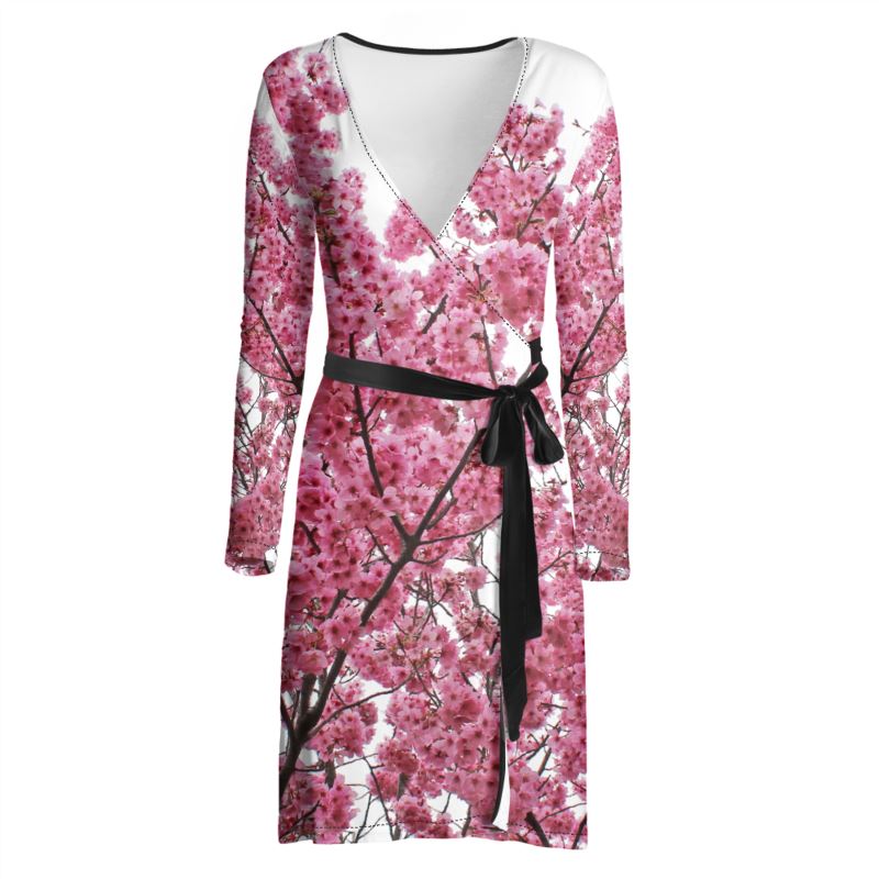 Elegant Japanese Cherry Blossom Print Wrap Dress - Long-Sleeve Silk Je Elegant Japanese Cherry Blossom Print Wrap Dress - Long-Sleeve Silk Je