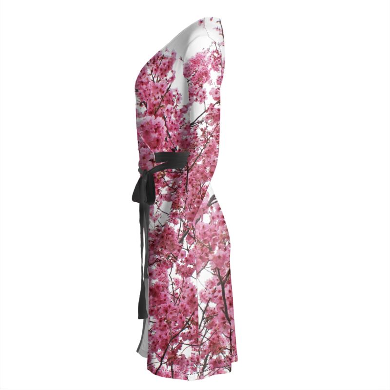 Elegant Japanese Cherry Blossom Print Wrap Dress - Long-Sleeve Silk Je Elegant Japanese Cherry Blossom Print Wrap Dress - Long-Sleeve Silk Je