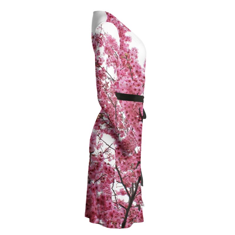 Elegant Japanese Cherry Blossom Print Wrap Dress - Long-Sleeve Silk JE Elegant Japanese Cherry Blossom Print Wrap Dress - Long-Sleeve Silk JE