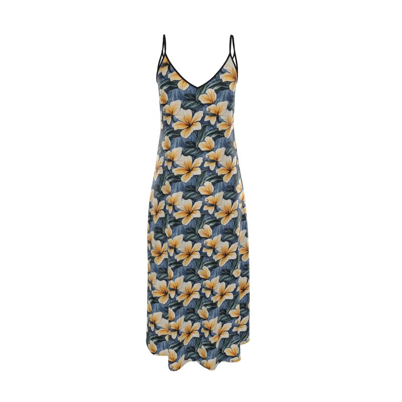 Tropical Yellow Hibiscus Floral Silk Maxi Slip Dress Tropical Yellow Hibiscus Floral Silk Maxi Slip Dress