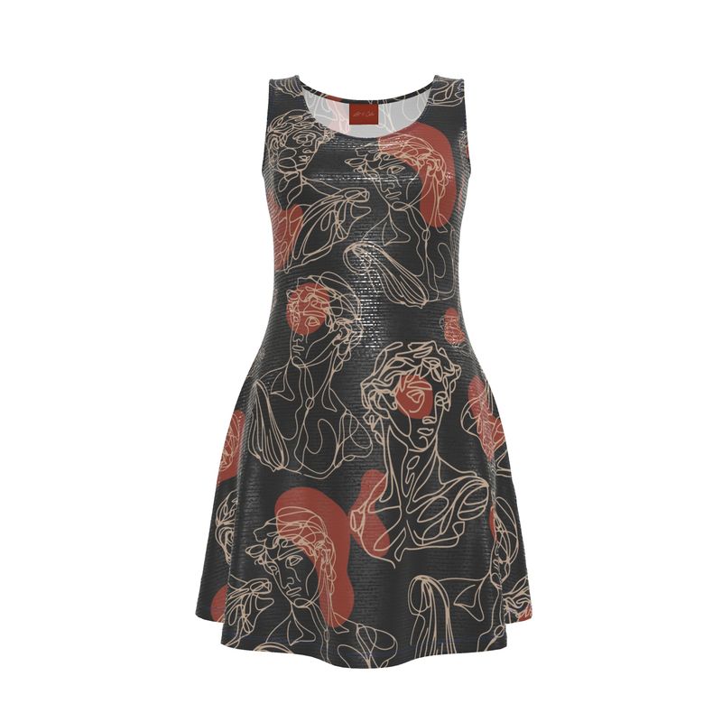 Picasso Inspired David Continuous Line Organic Shapes Skater Dress