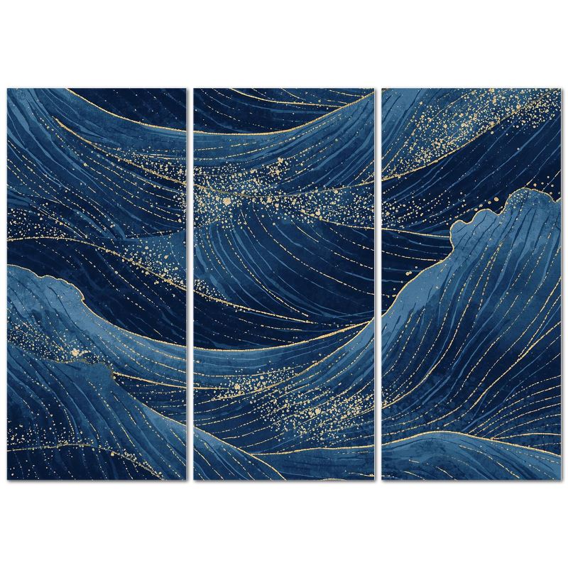 【579】海のかけら 〈WAVE・DEEP〉 グラデーション　オーシャンアート Deep Indigo Japanese Ocean Waves with Gold Sparkle Texture