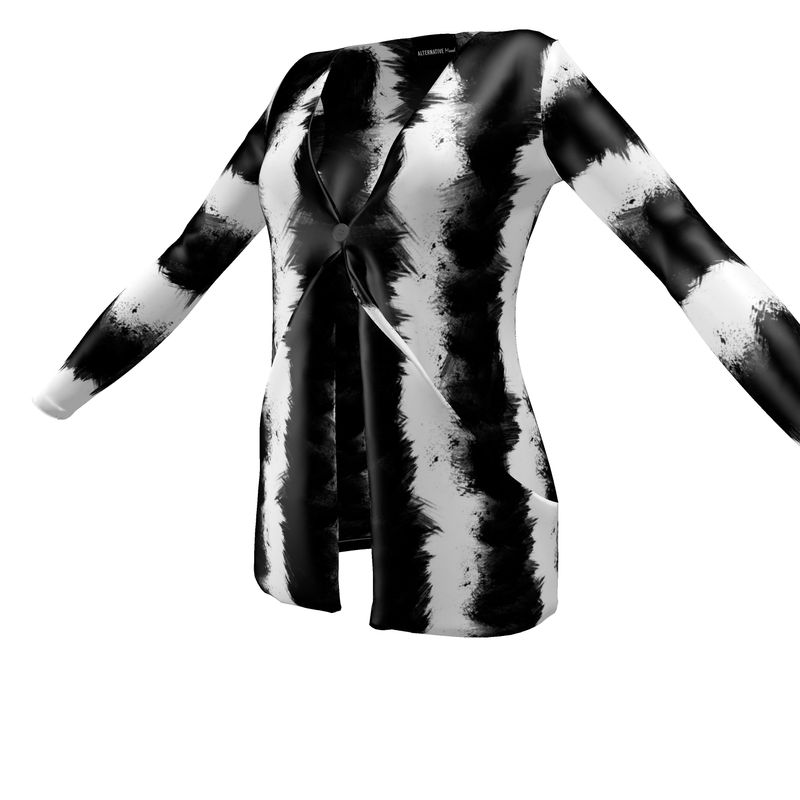 Black and White Gothic Grunge Stripes Watercolor Cardigan With Pockets
