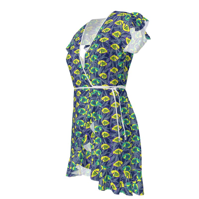 blue and yellow wrap dress Reversible Handmade Short Sleeve Wrap Dress Blue & Yellow Print – Chikodi's  World main image 1