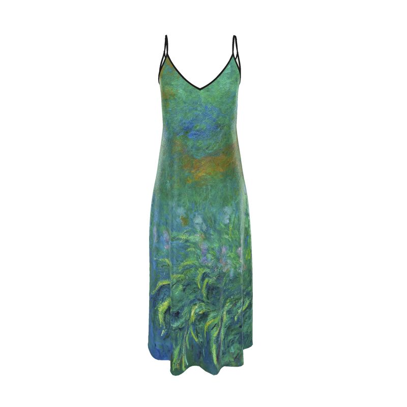emerald green slip dress long Claude Monet Irises Silk Maxi CRYSTAL-EMBELLISHMENTS