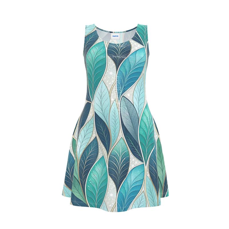 Teal Gold Art Nouveau Leaf Mosaic Skater Dress
