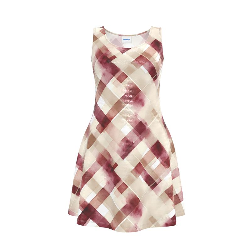 Burgundy Cream Watercolor Plaid Skater Dress