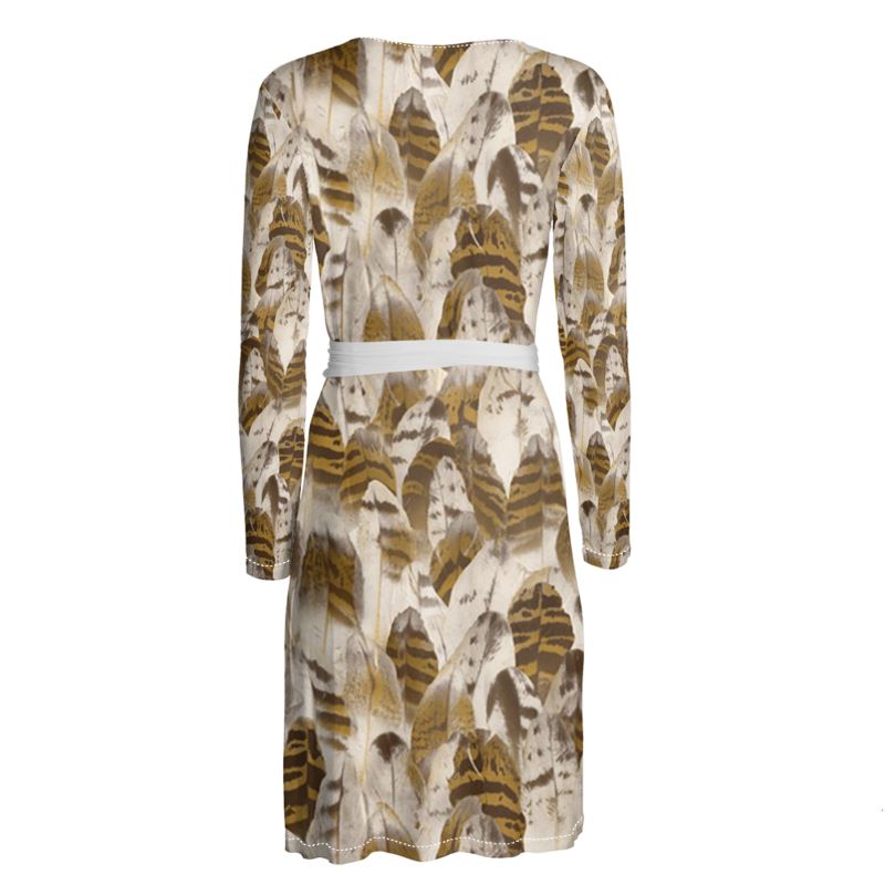 Wrap Dress with Brown Feather Pattern By Fashionhut