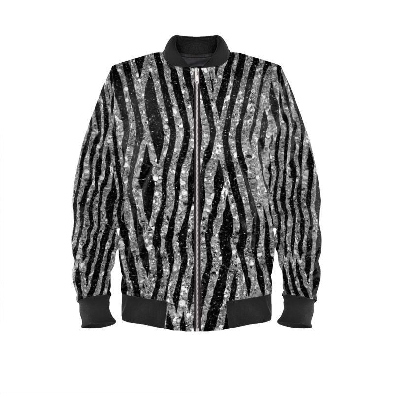 Mens Bomber Jacket Glittery Zebra Faux Animal Fur Pattern