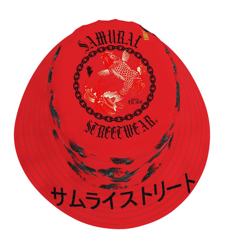 Reversible Bucket Hat in Red and Gray with Samurai Street logos and Kanji.