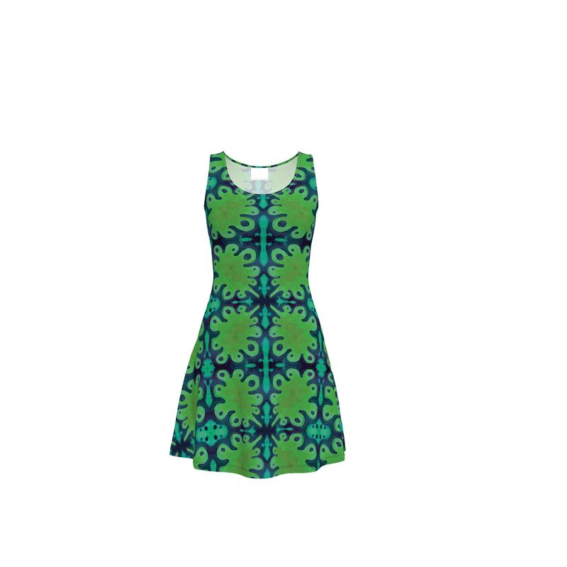 Batik Hawaiian Skater Dress (Color: Green/Blue) by Annieoakley