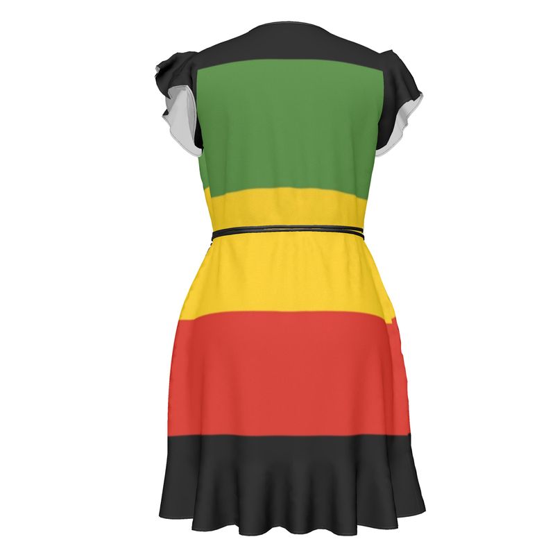 Rasta Red Gold Green Black Crepe Tea Dress Rasta Red Gold Green Black Crepe Tea Dress