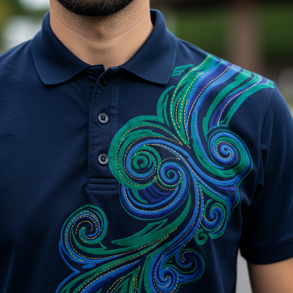 Detailed view of a personalised polo shirt with an artistic design