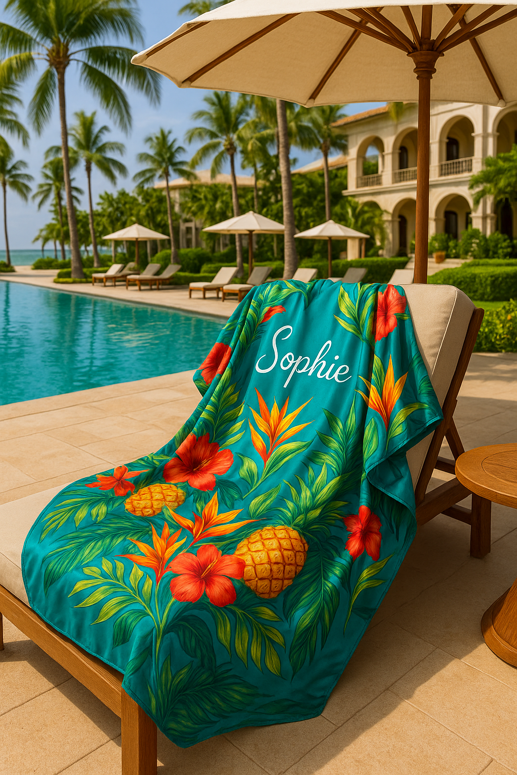 Customizable silk kaftan with tropical print in a luxury resort setting