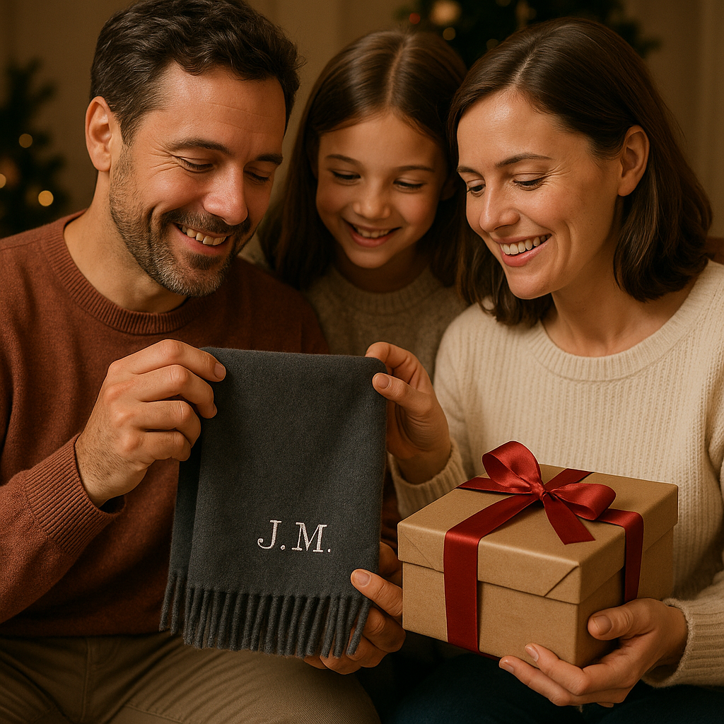 Family warmth captured as a scarf, personalized with monograms, is gifted