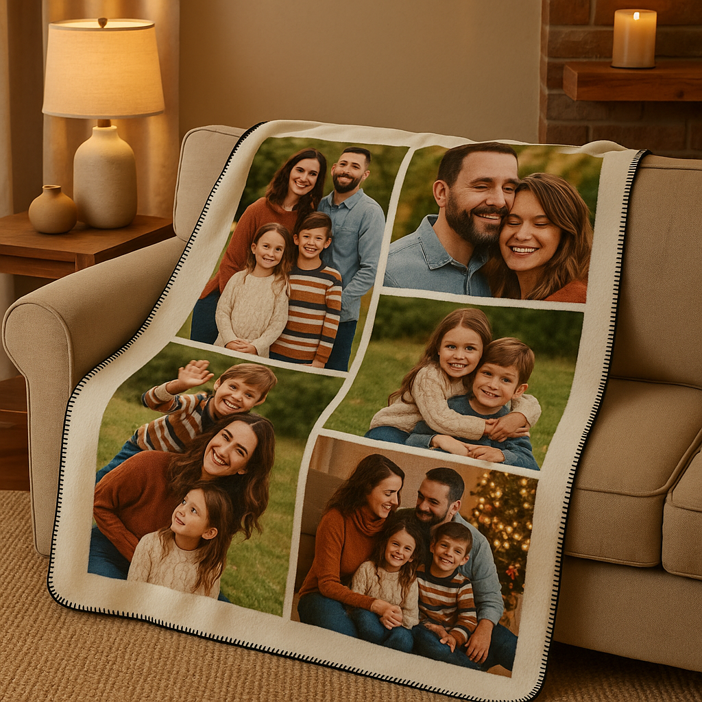 Custom designer blanket with family photos in a cozy living room setting.