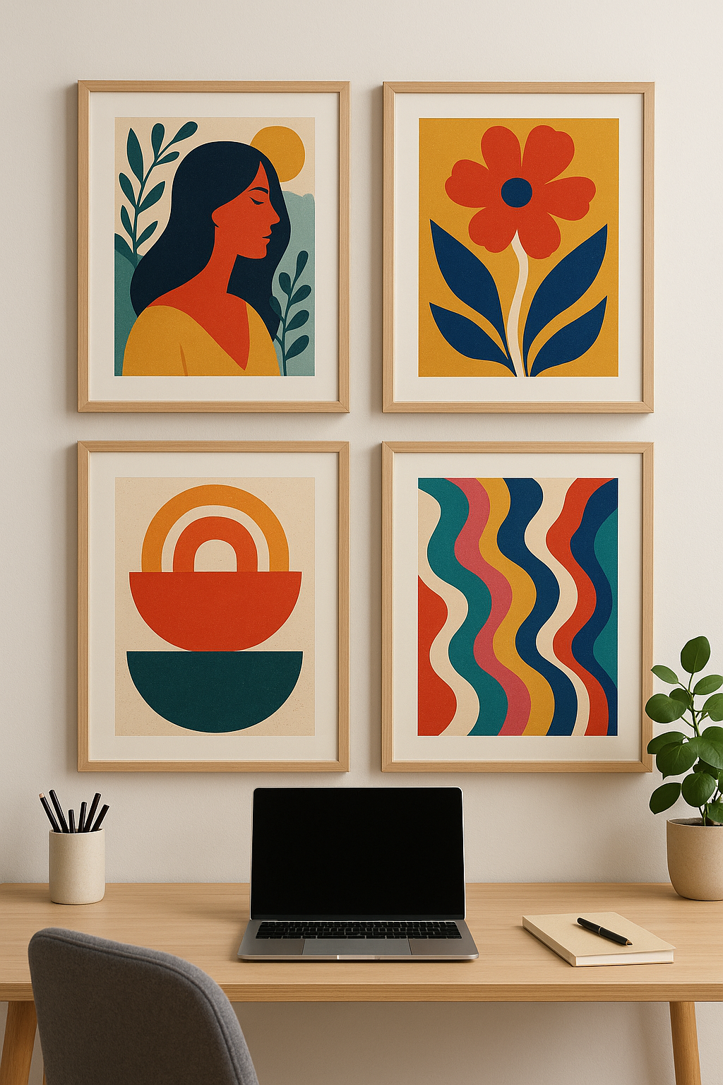 Collection of custom art prints with personal designs in a modern home office.