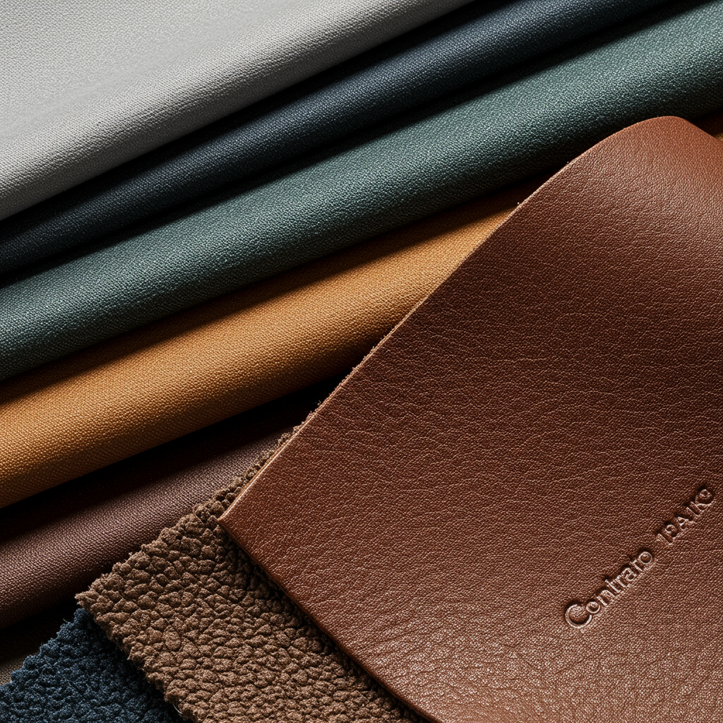 Variety of high-quality materials including cotton swatches and leather samples