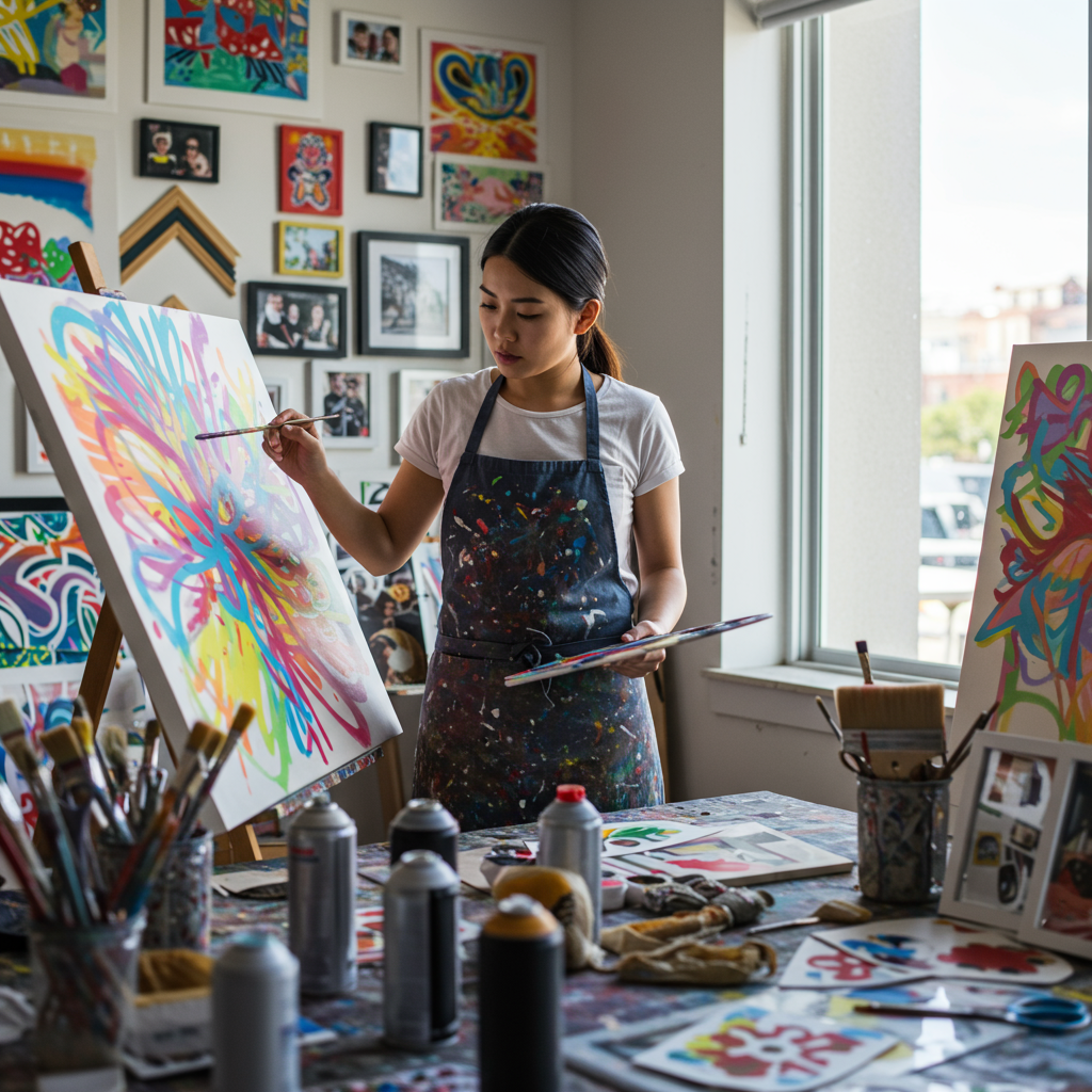 Artist crafting custom wall art with vibrant designs and tools