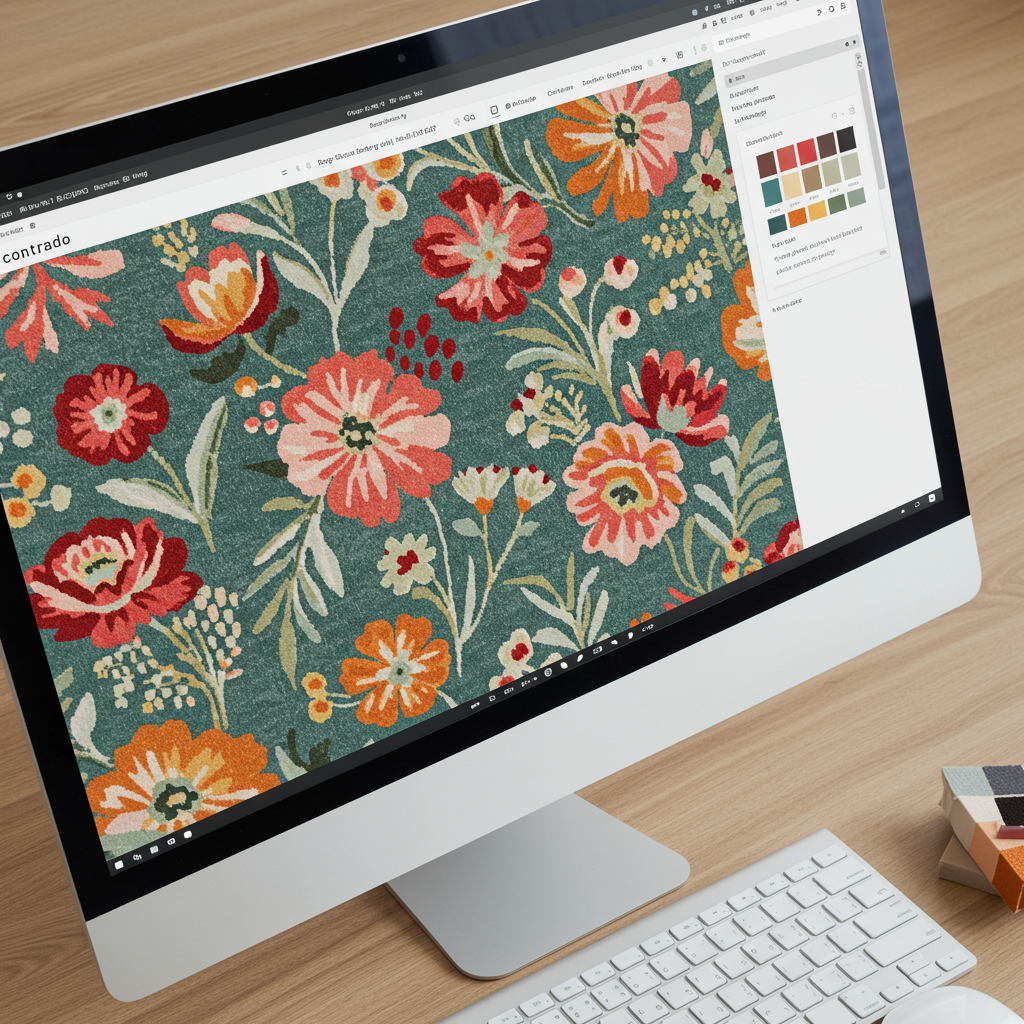 Contrado's design tool on a computer screen customising a floral rug