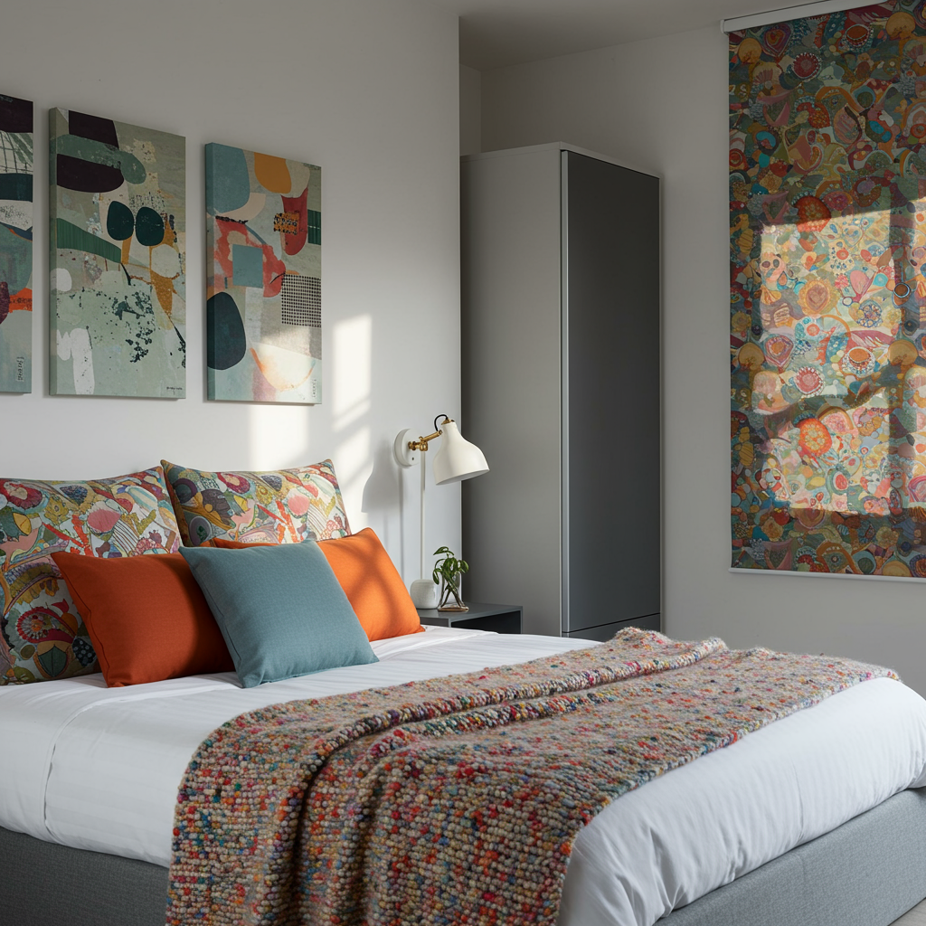 Modern bedroom with vibrant cushions, abstract wall hangings, and custom roller blinds from Contrado.
