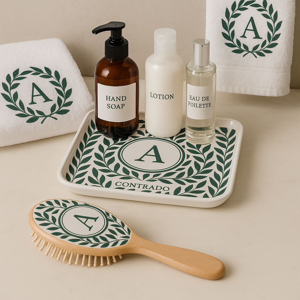 Bathroom counter with personalized ceramic tray and towels