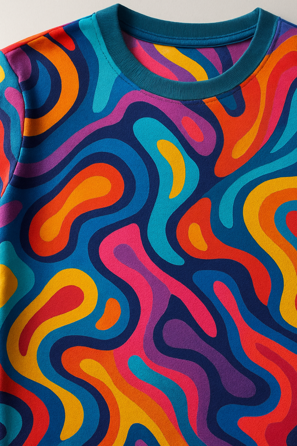 Close-up of an all-over printed t-shirt with a seamless abstract pattern in bold colors