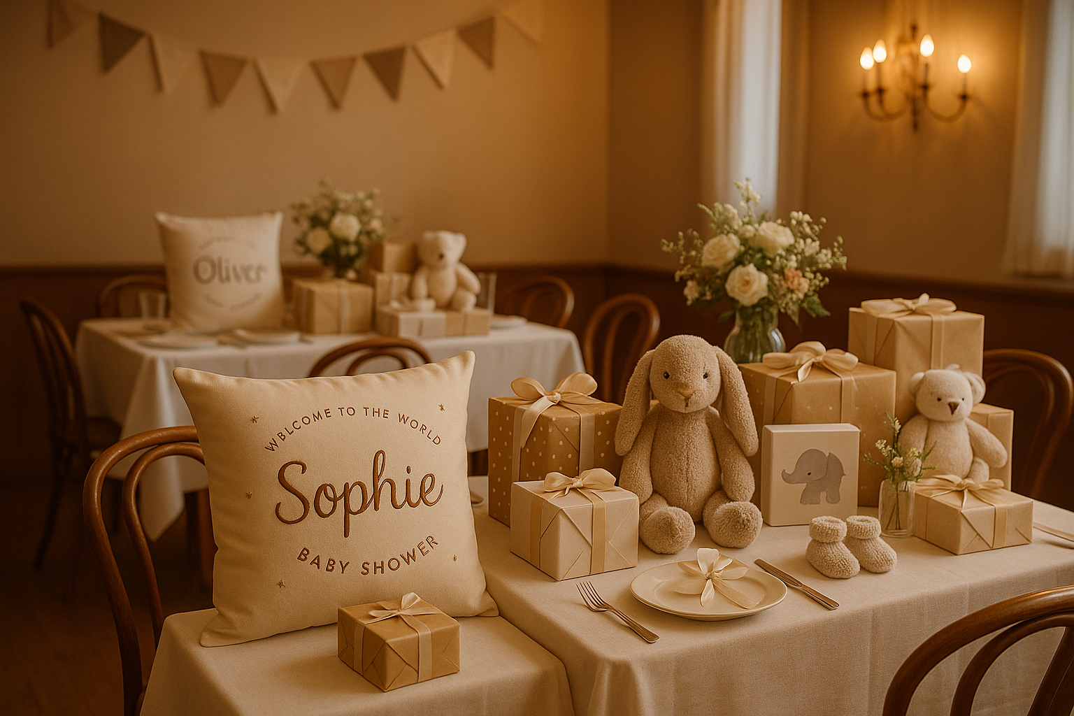 Baby shower setup with decorated tables and personalised gifts