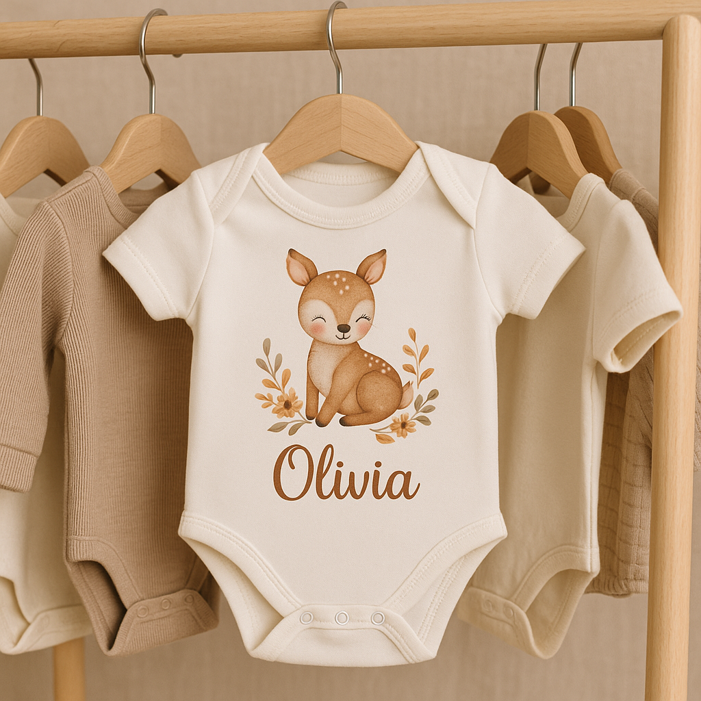 Personalised baby grows featuring a unique design and baby name on a rack