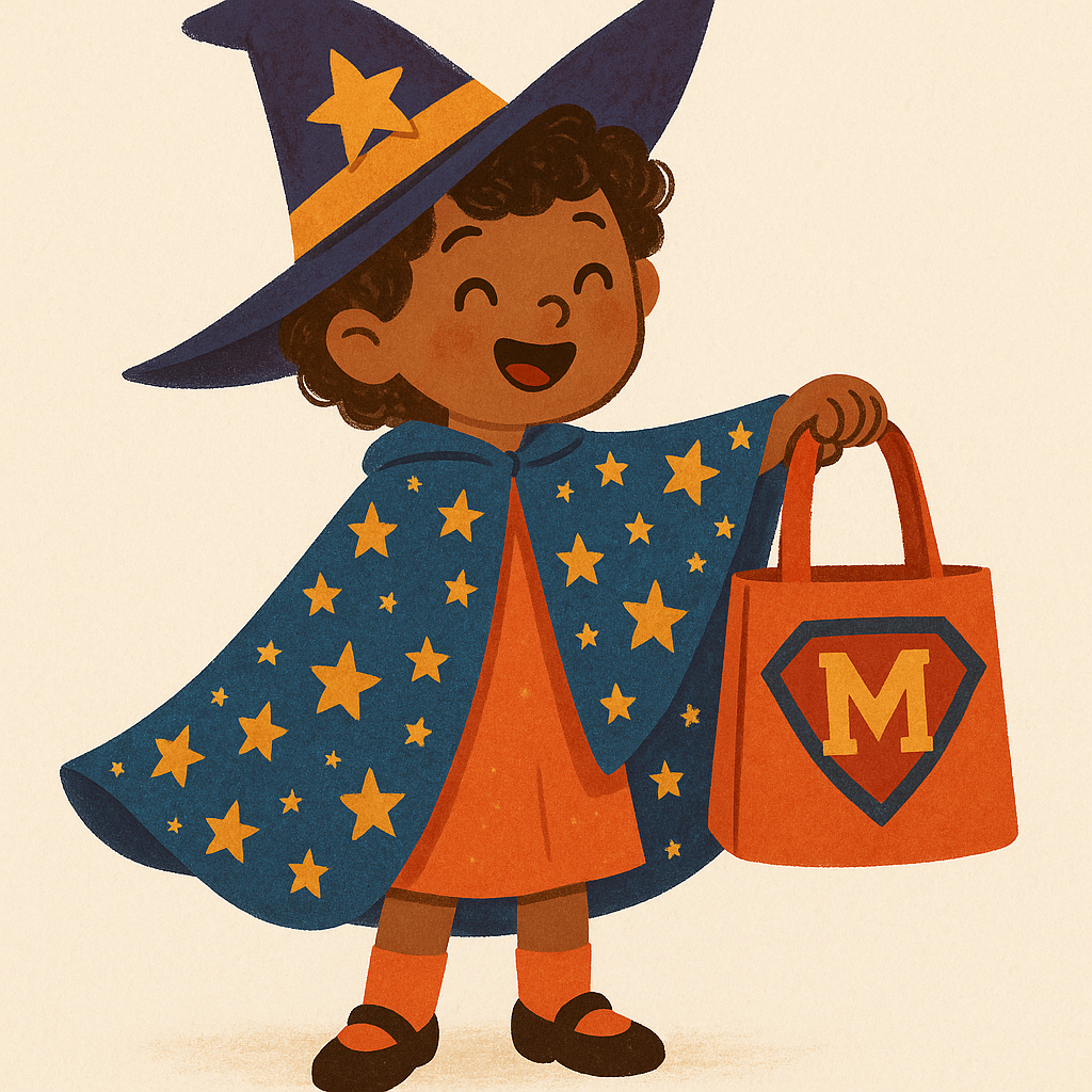 Child in a witch costume with a starry cape next to a monogrammed superhero tote bag