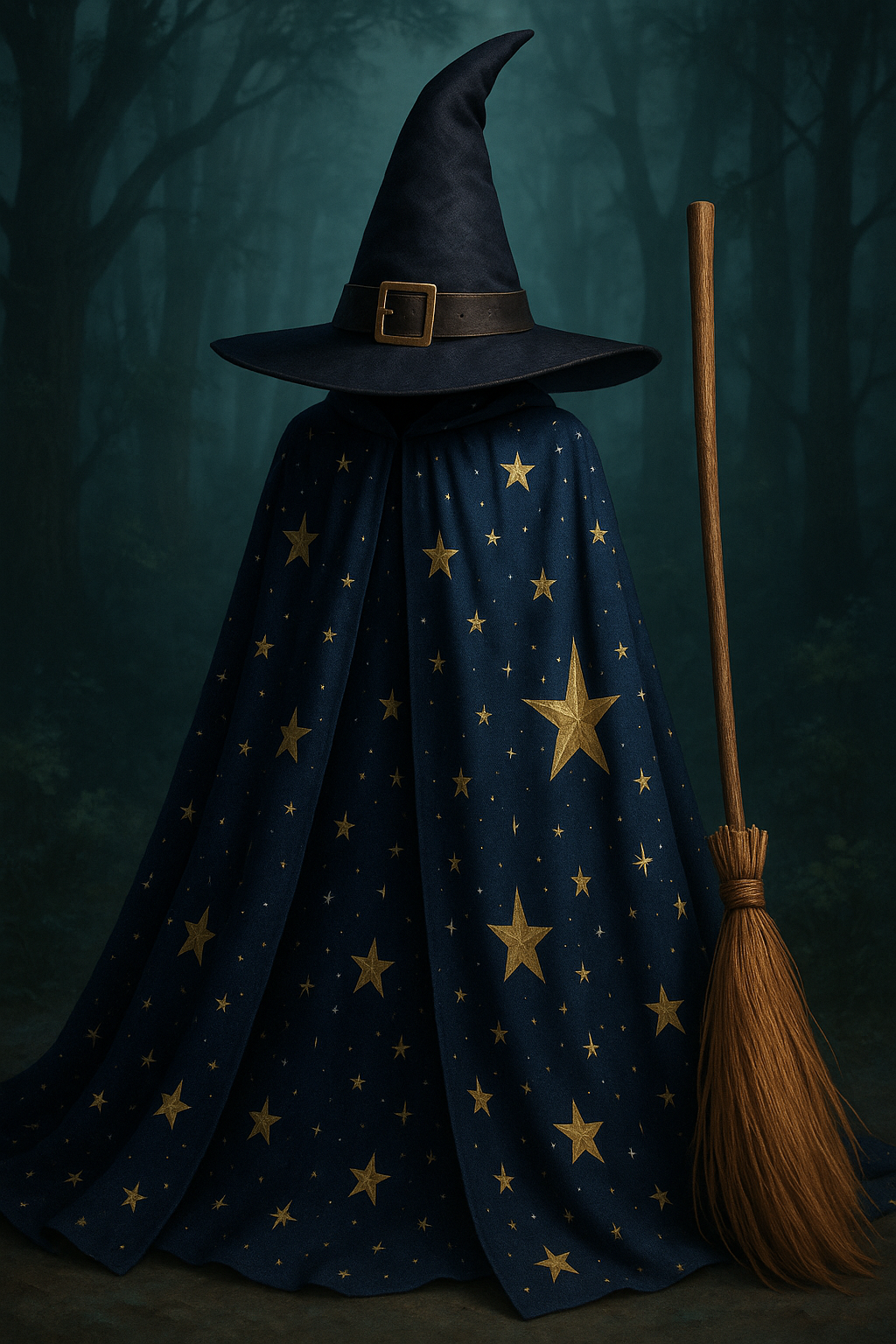Witch's costume featuring a starry custom cape with accessories