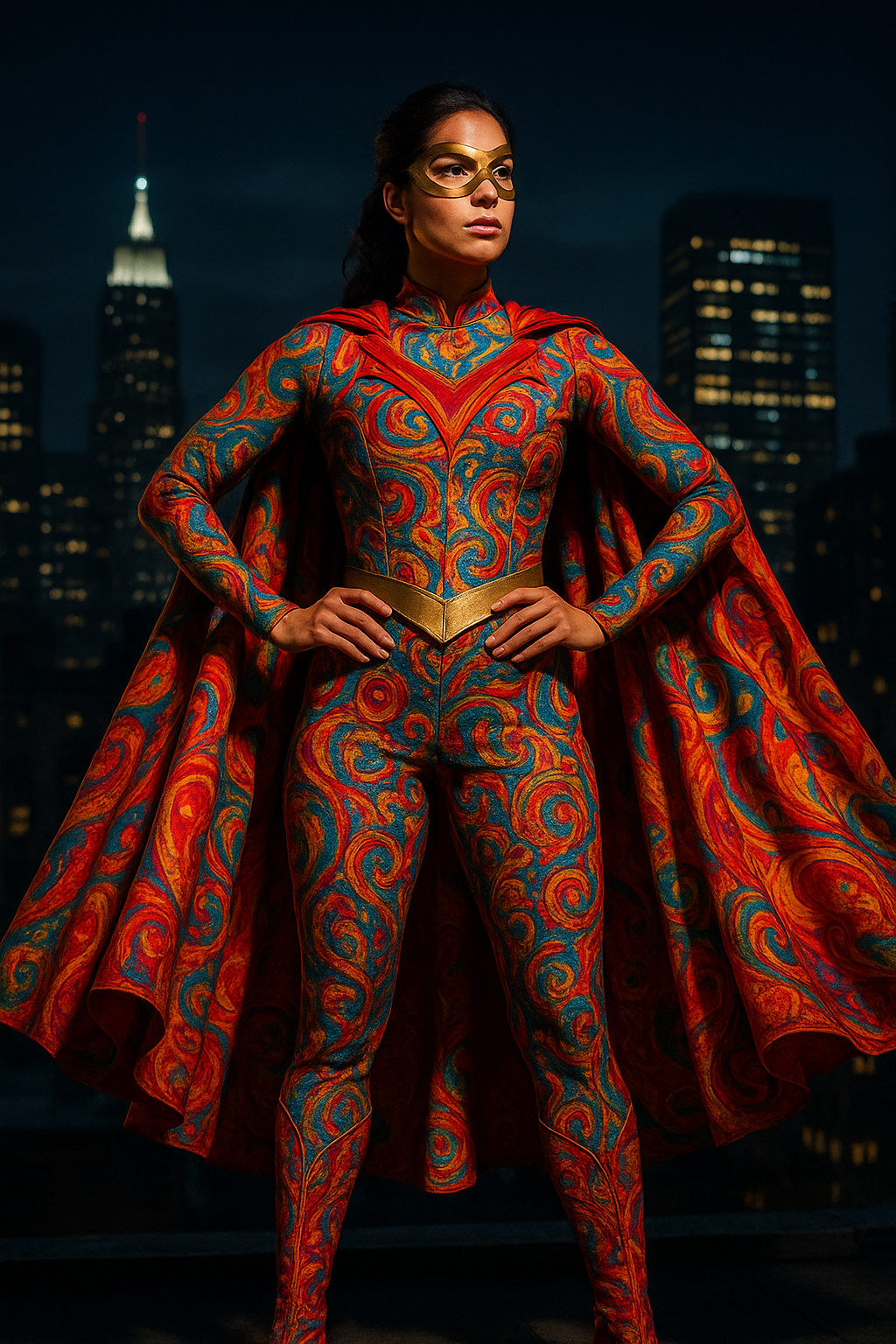 Superhero costume with a vibrant cape and cityscape background