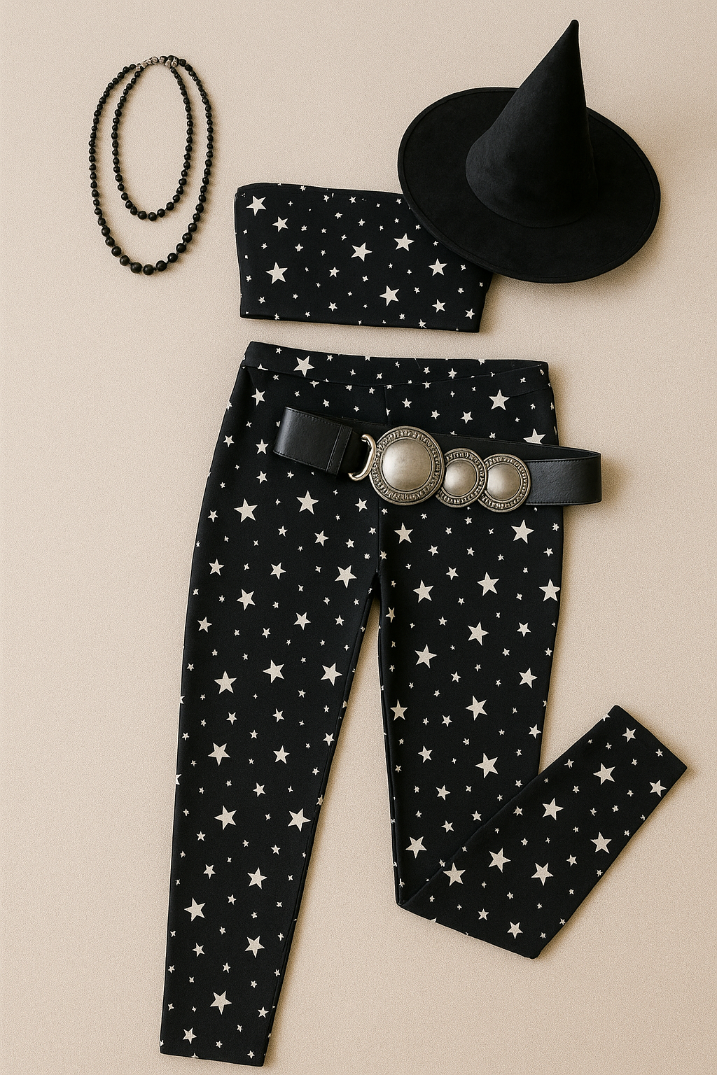 Chic witch costume with starry leggings, a matching boob tube, and accessories.