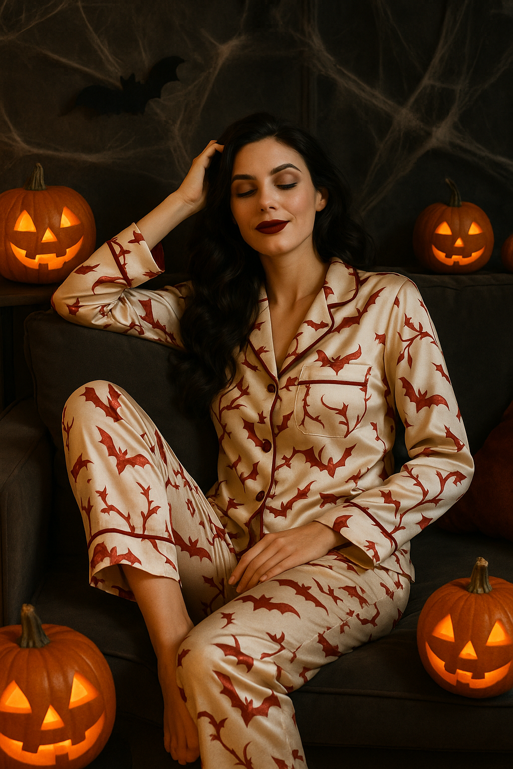 Woman in blood-red silk pajamas, relaxing amidst Halloween decor.