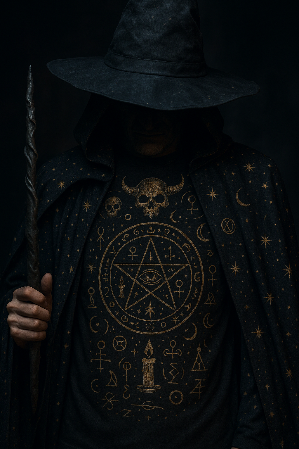 Dark sorcerer's costume with starry cape and magical designs.